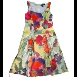 Ralph Lauren Yellow Floral Cotton Sateen Fit & Flare Party Vacation Dress Size 4